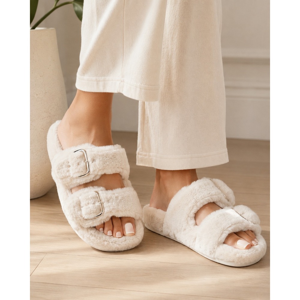 H&M Women's Faux Fur Double Buckle Slide Sandals Ivory Cream Size 8 EU 39